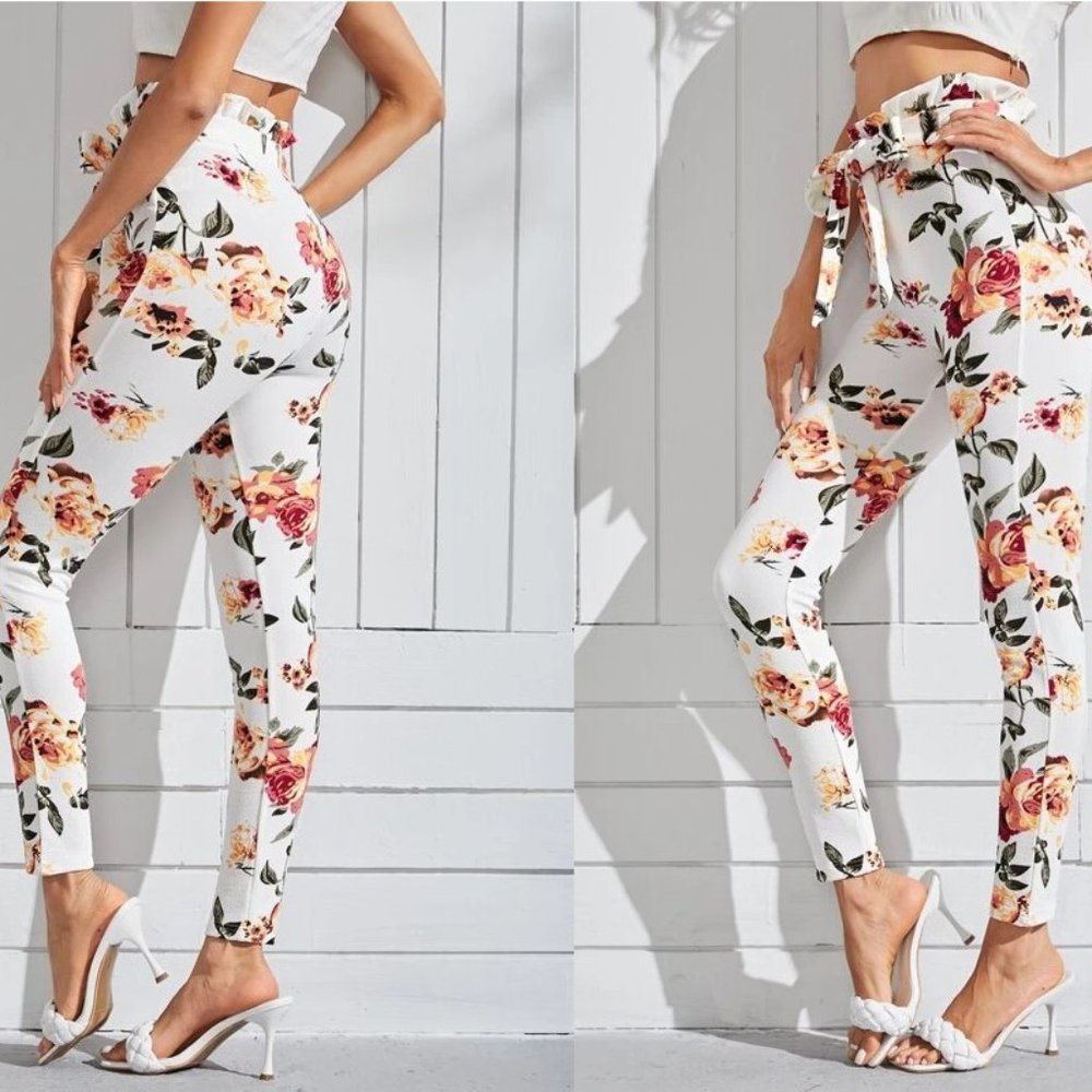 Floral Print Paper Bag Waist Belted Skinny Pants